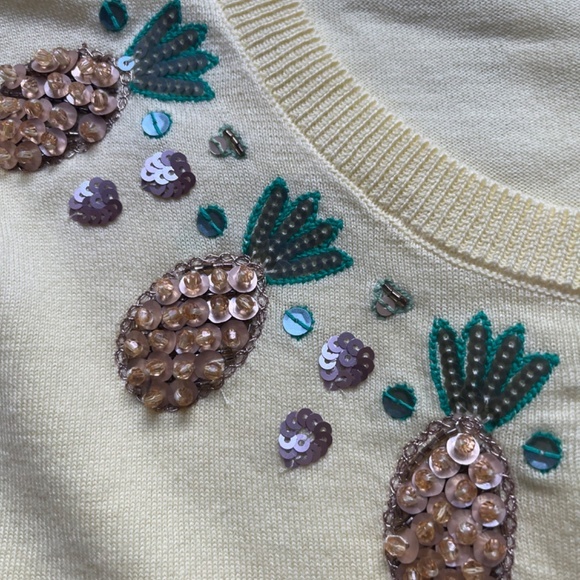 Talbots‎ Sequins Cotton Pineapple Beaded Hawaii Sweater Summer Jeweled Top Shirt - Picture 6 of 7